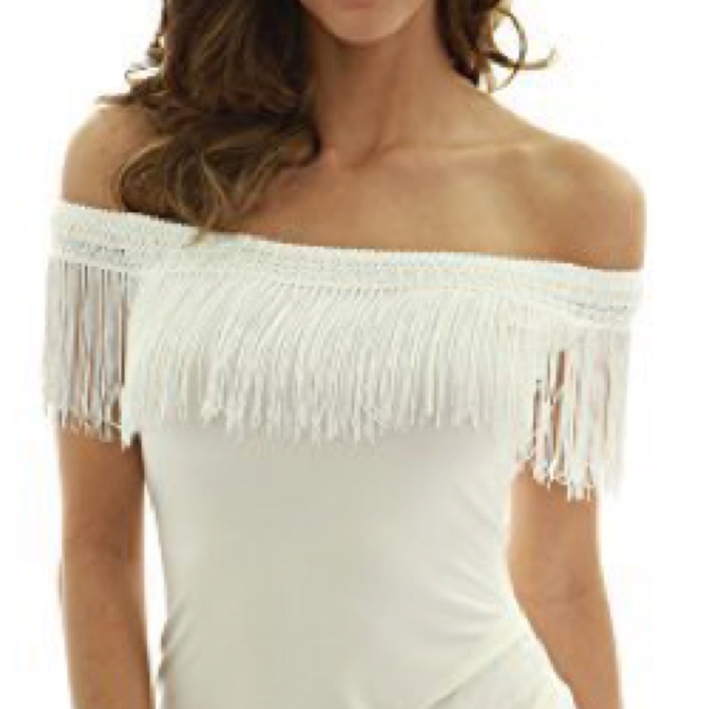 PattyBoutik White Fringe Off Shoulder Top